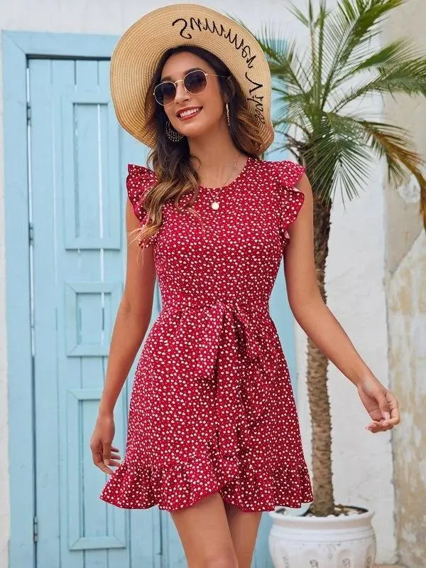 Women Ruffle Trim Allover Heart Belted Dress