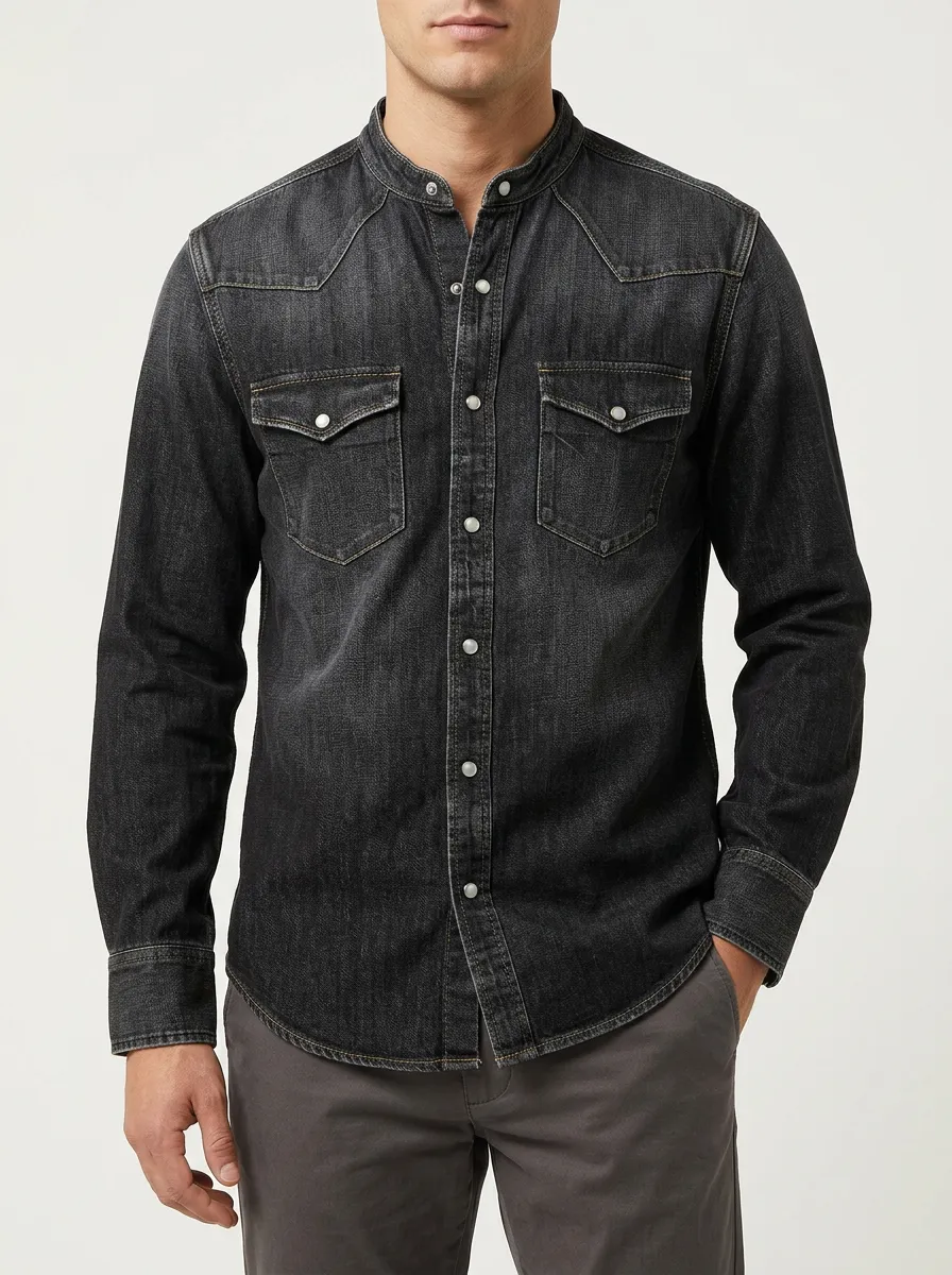 Vintage-Washed Western-Style Denim Shirt
