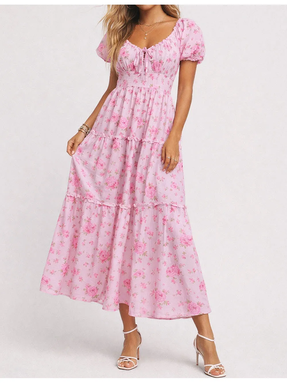 Boho Neck Puff Sleeves Maxi Dress