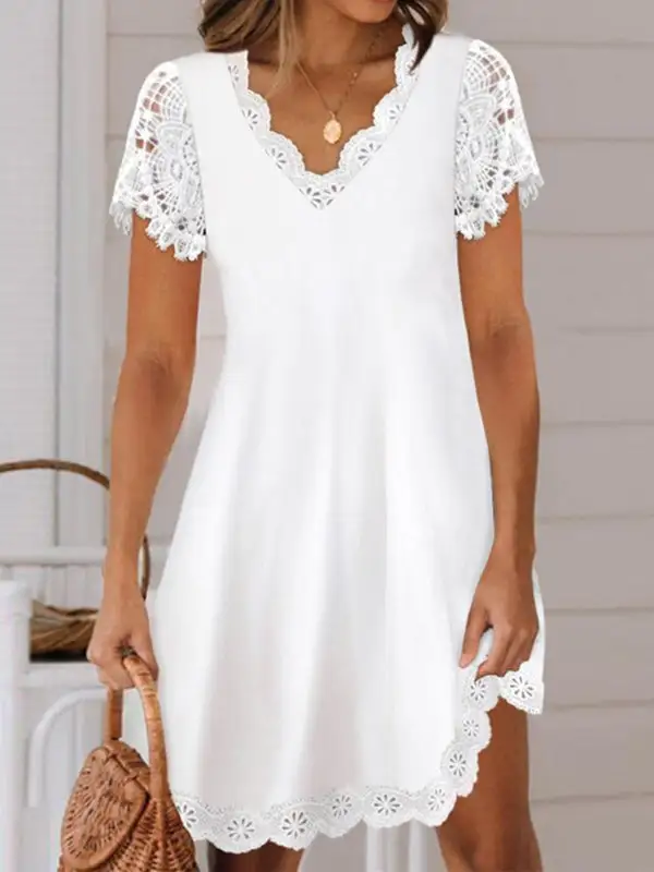 Relaxed Short Sleeve Solid Color Split Joint V Neck Mini Dress