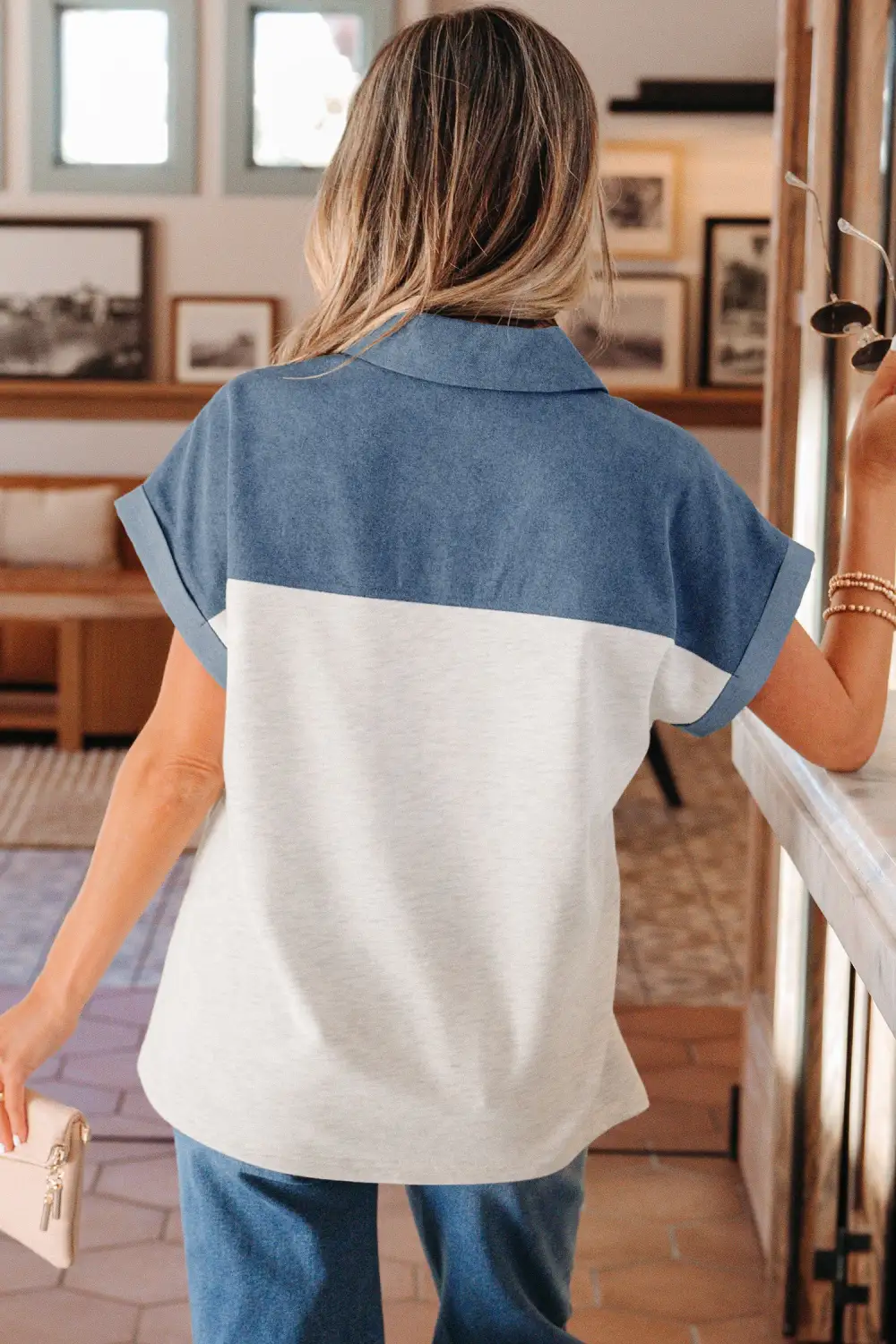 Colorblock Patchwork Denim-Detail Polo Shirt