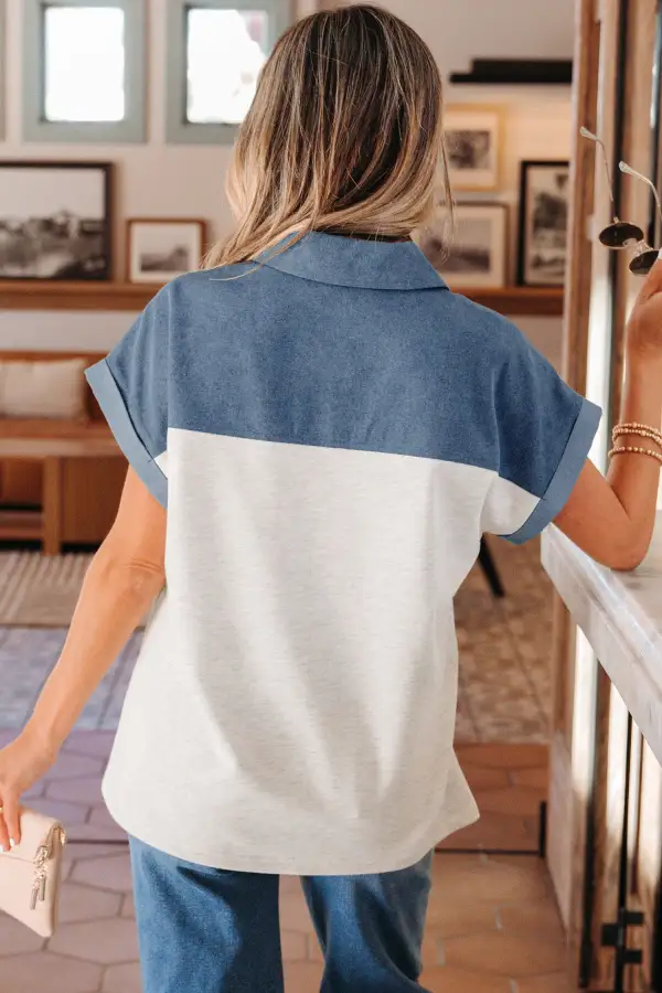 Colorblock Patchwork Denim-Detail Polo Shirt