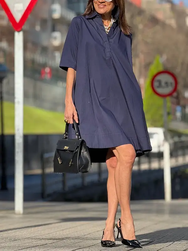 A Line Short Sleeve Solid Color Split Joint Lapel Mini Dress