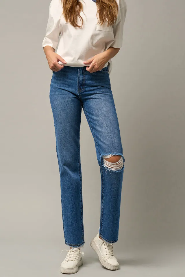 Women's High Rise Ripped Straight Rigid Denim Jeans