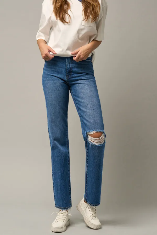 Women's High Rise Ripped Straight Rigid Denim Jeans