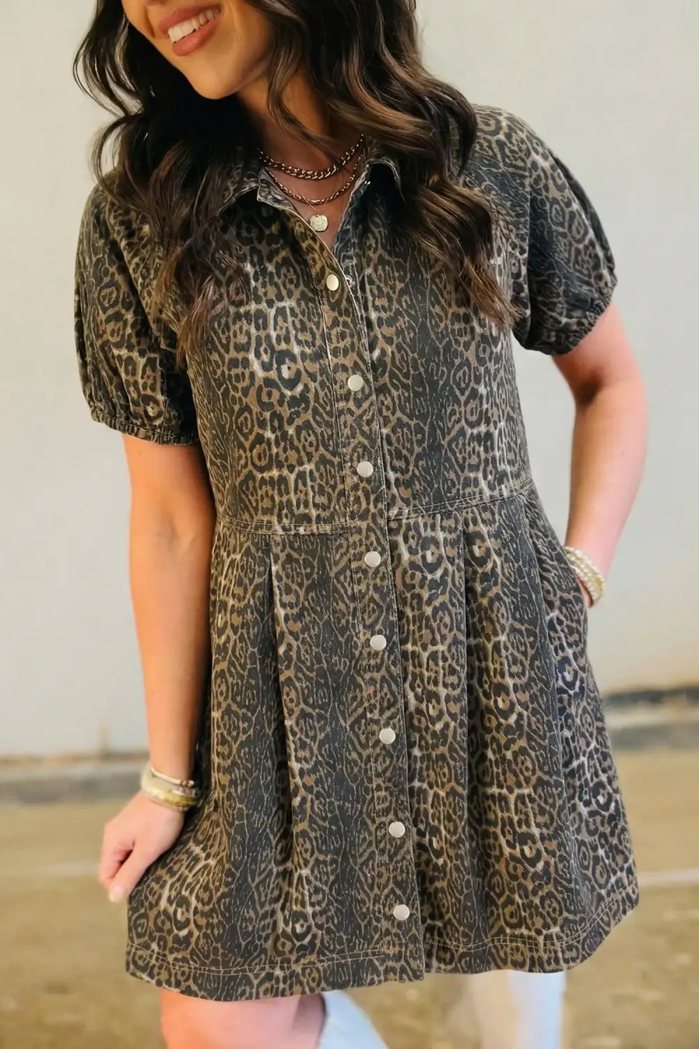 Animal Print Denim Look Pleated Mini Dress