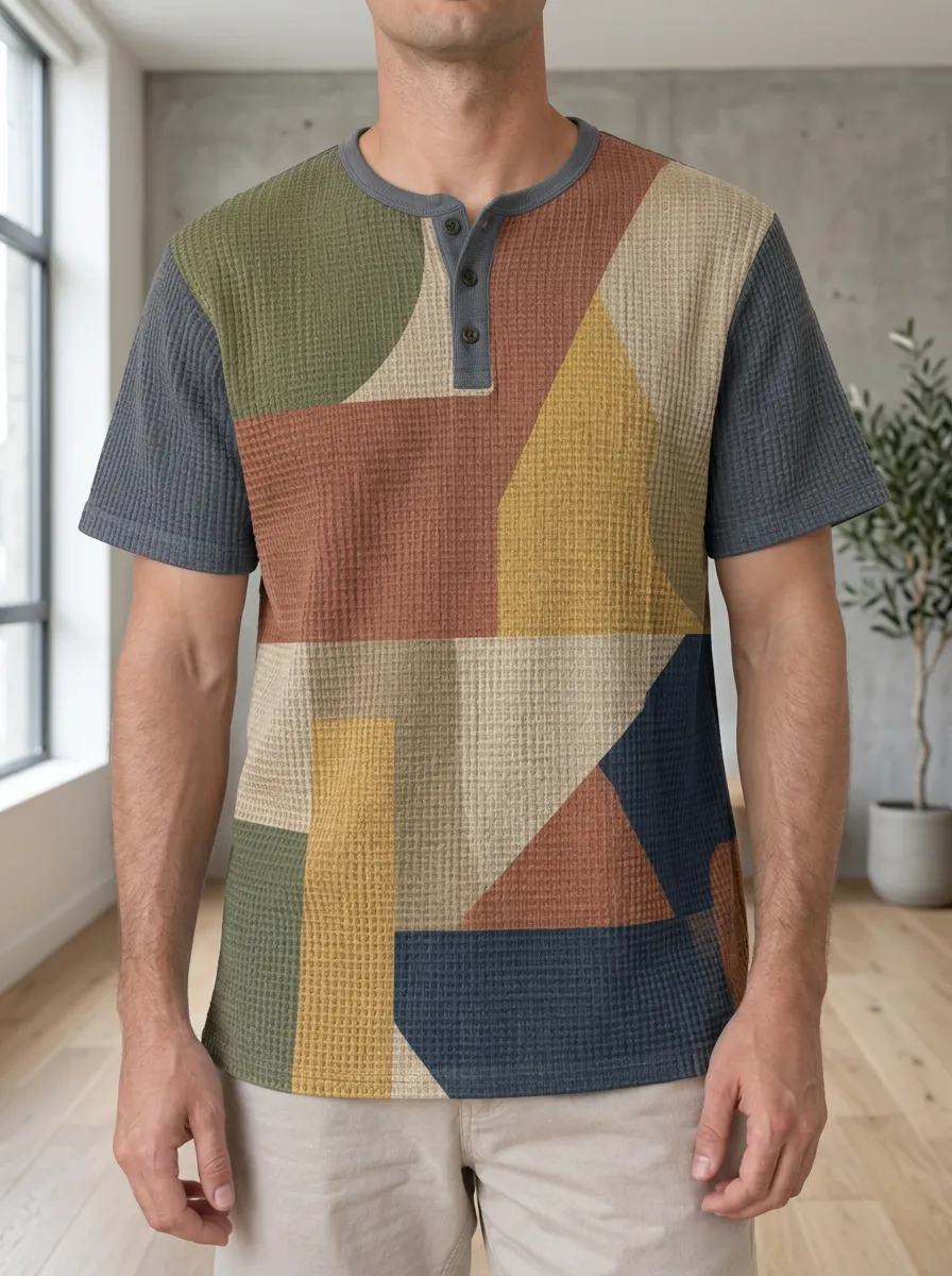 Men's Classic Geometric Abstract Waffle Henley T-Shirt