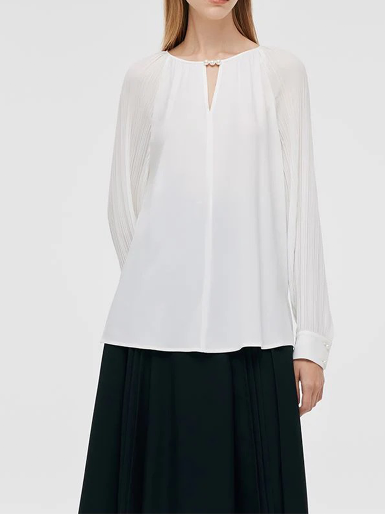 Acetate Pleated Sleeves Cut-Out Neck Women Blouse