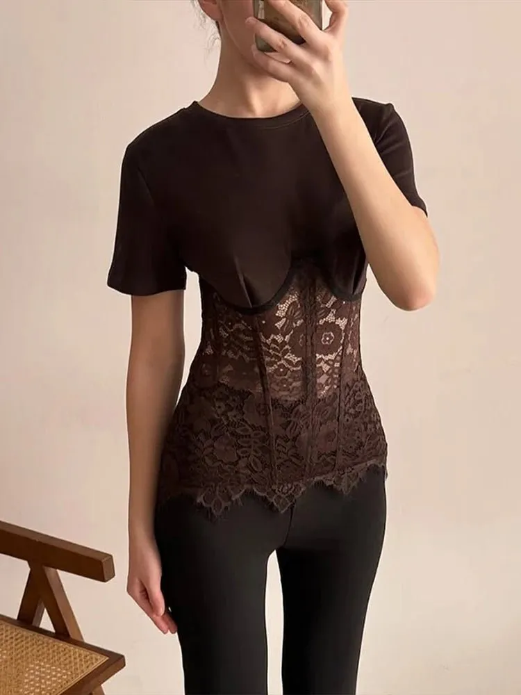 Soft Lace Denim Linen Blend Blouse