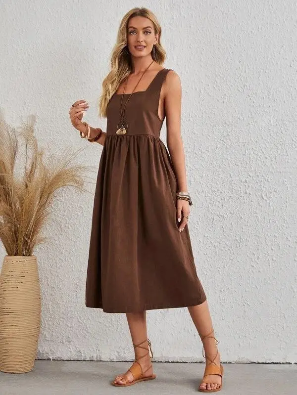 Women Solid Square Neck Tie Back Dress