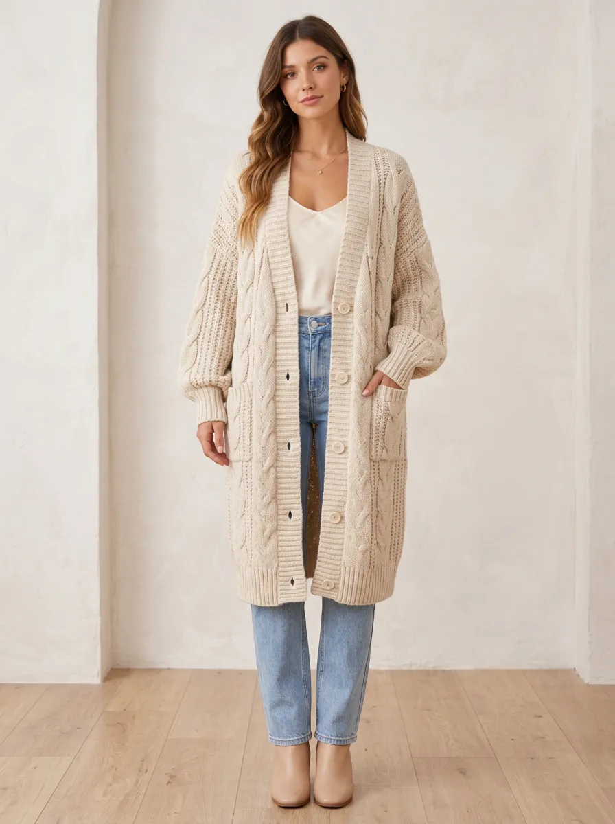 Women's Cable Knit Button-Down Cardigan