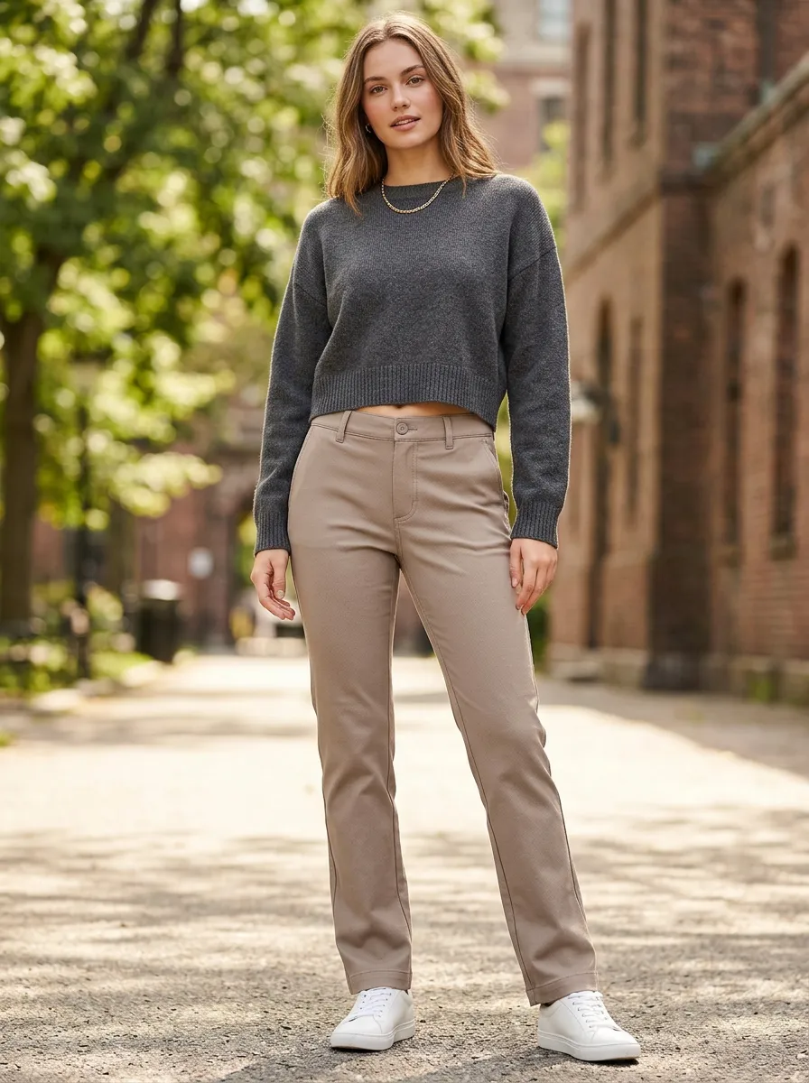 Women's Casual Daily Wear Solid Khaki Straight Leg Pants