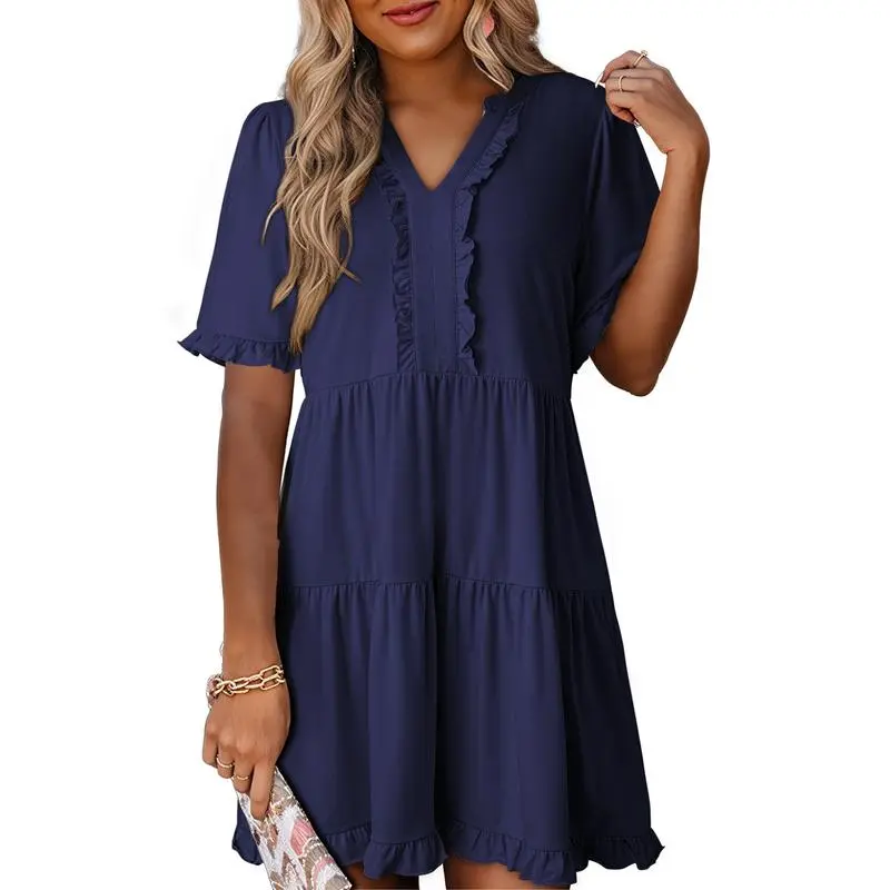 Womens Dresses 2025 Summer Spring V Neck Ruffle Short Sleeve Casual A-Line Flowy Swing Shift Dress Mini Dress