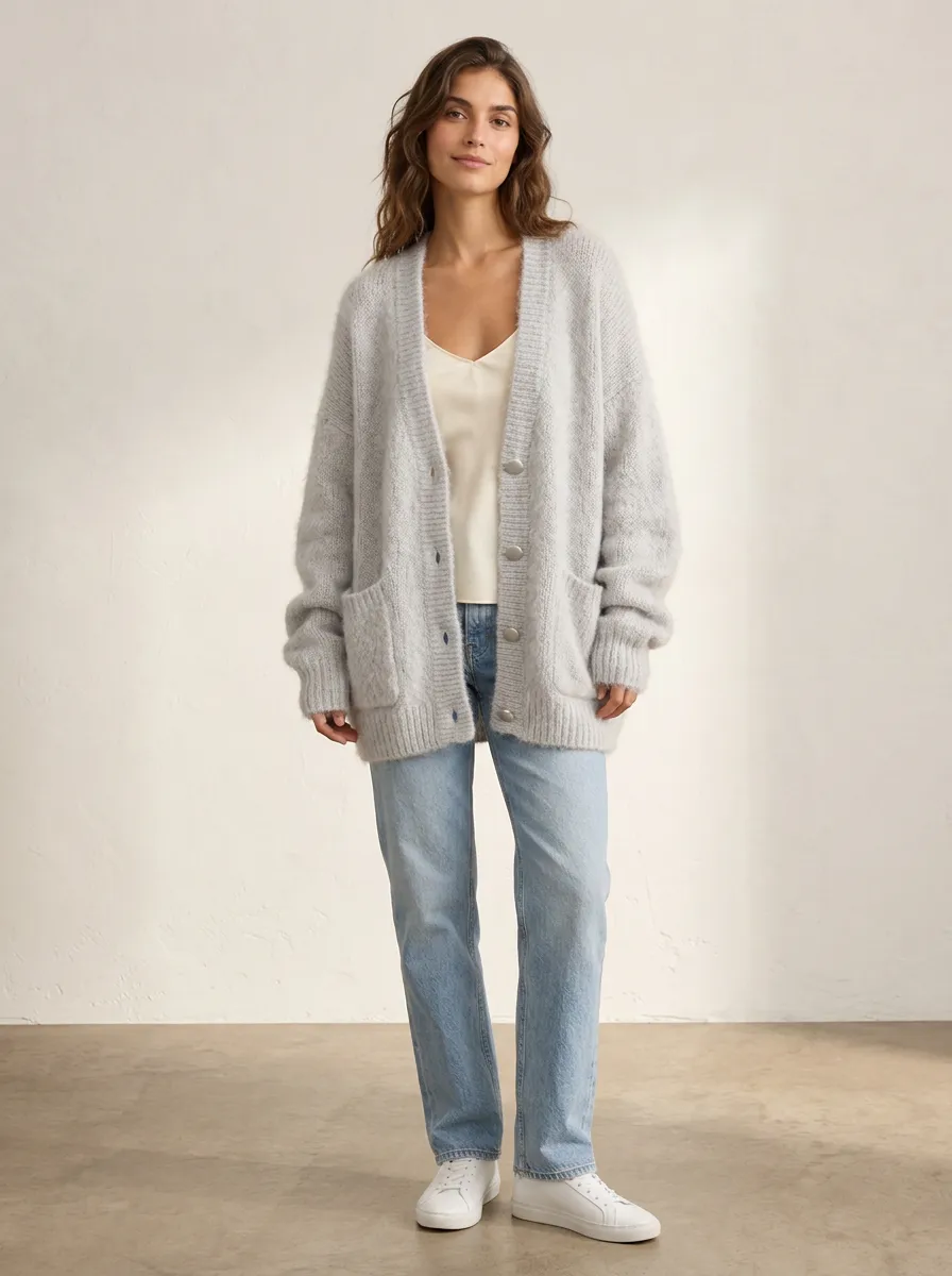 Women's Casual Minimalist Grey Fuzzy Button-Down Cardigan