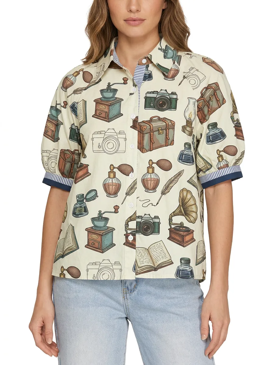 Women's Vintage Collector Retro Items Printed Button-up Shirt