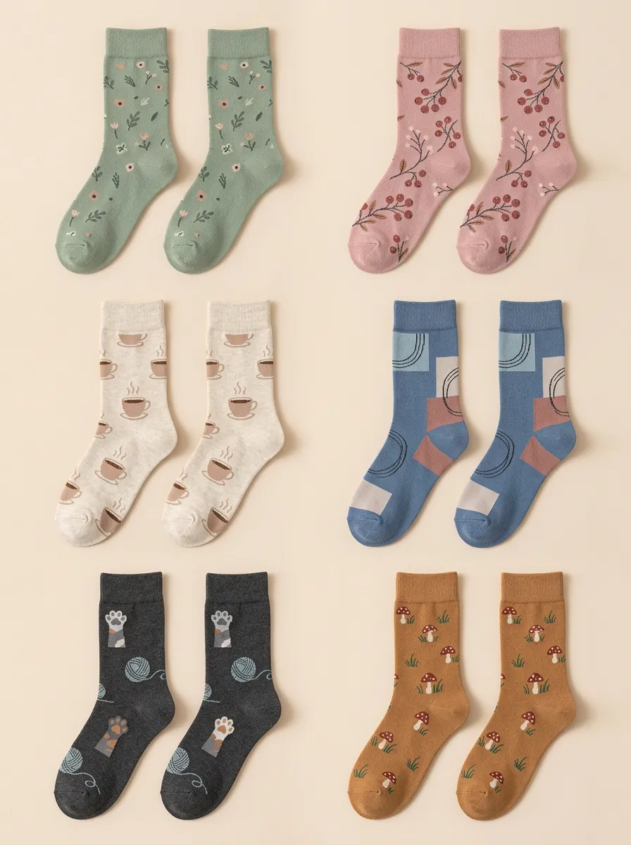 Women's Mixed Nature Graphic Crew Socks Six Pair Set