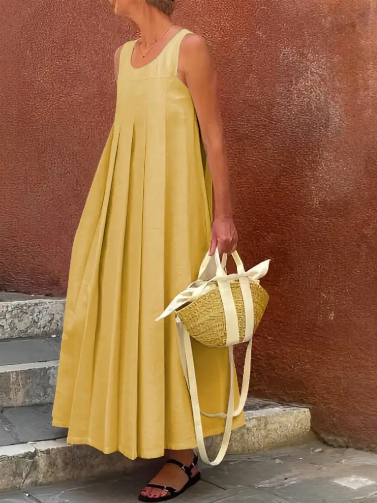 Round Pleated Sleeveless Neck Maxi Dress