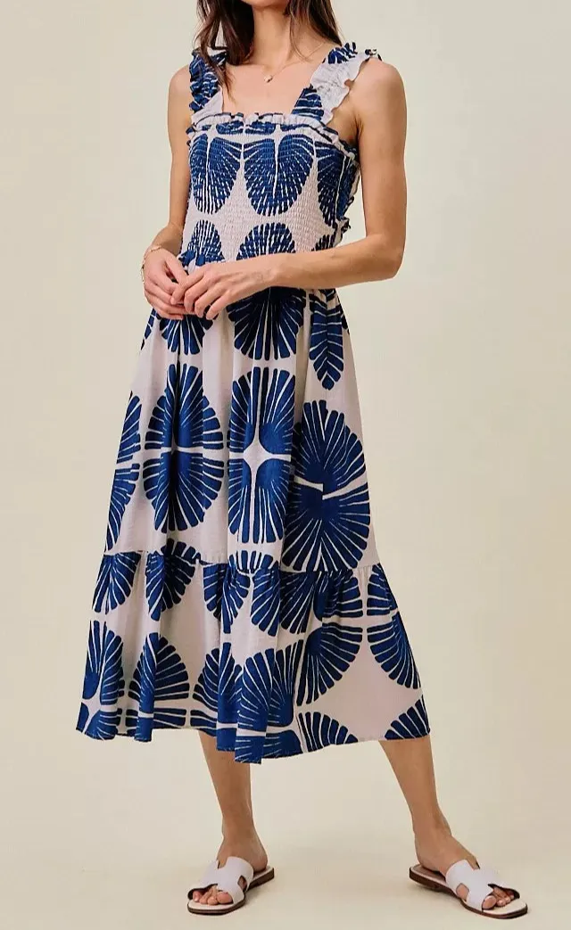 Abstract Smocked Bodice Tiered Lined Midi Dress