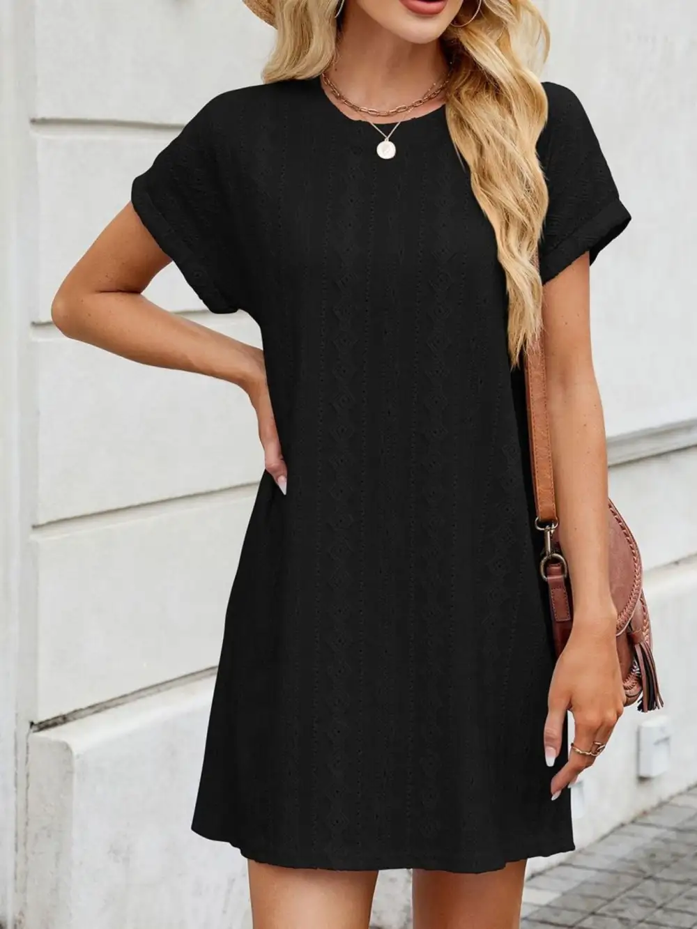 Eyelet Round Neck Mini Dress