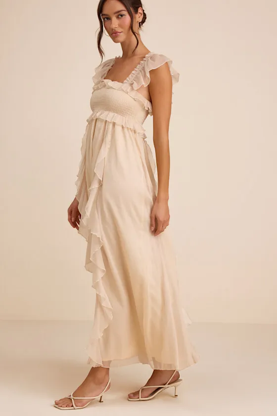 Wisteria Ivory Ruffled Smocked Maxi Dress