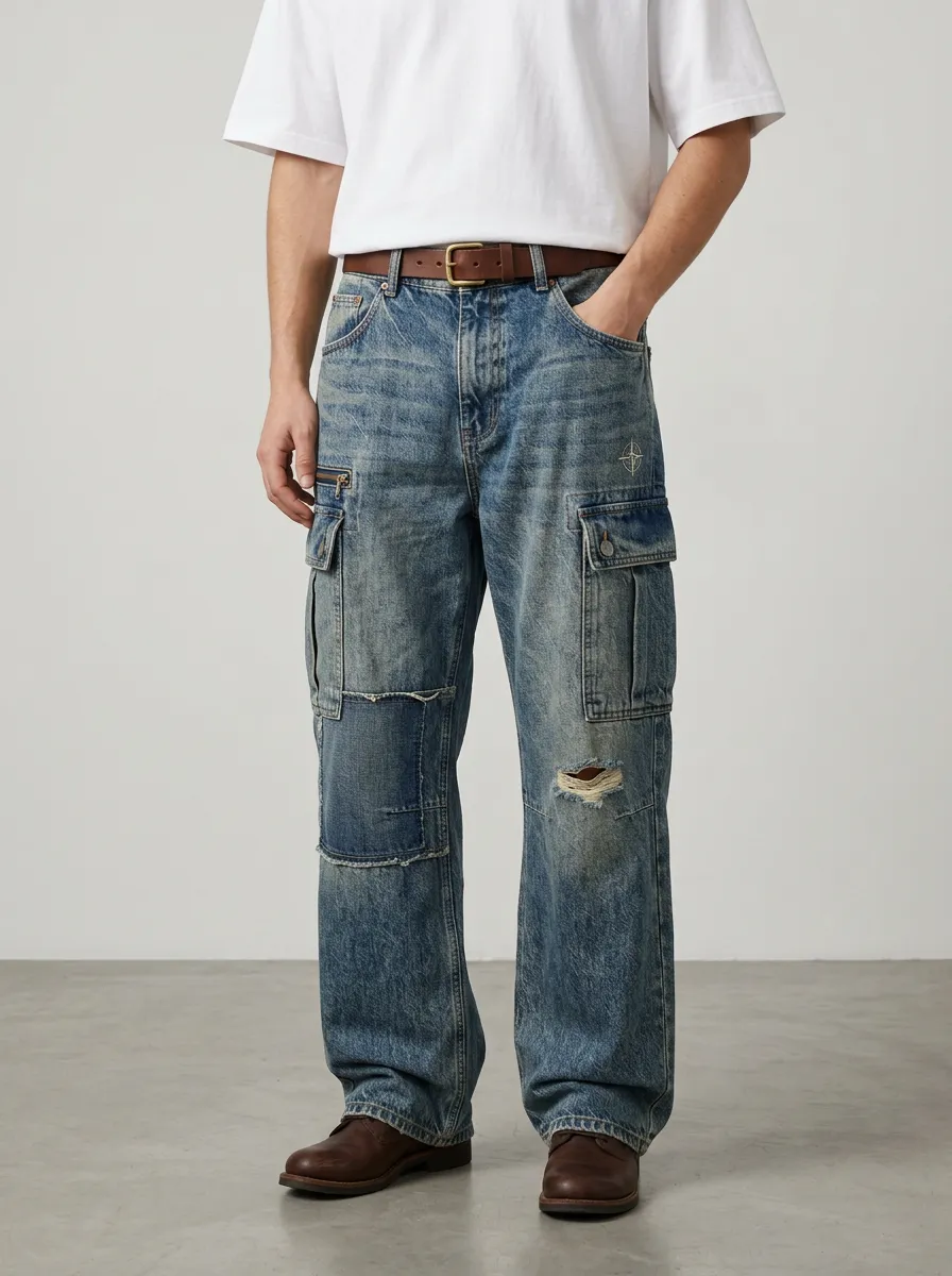 Men's Distressed Patchwork Denim Cargo Pants