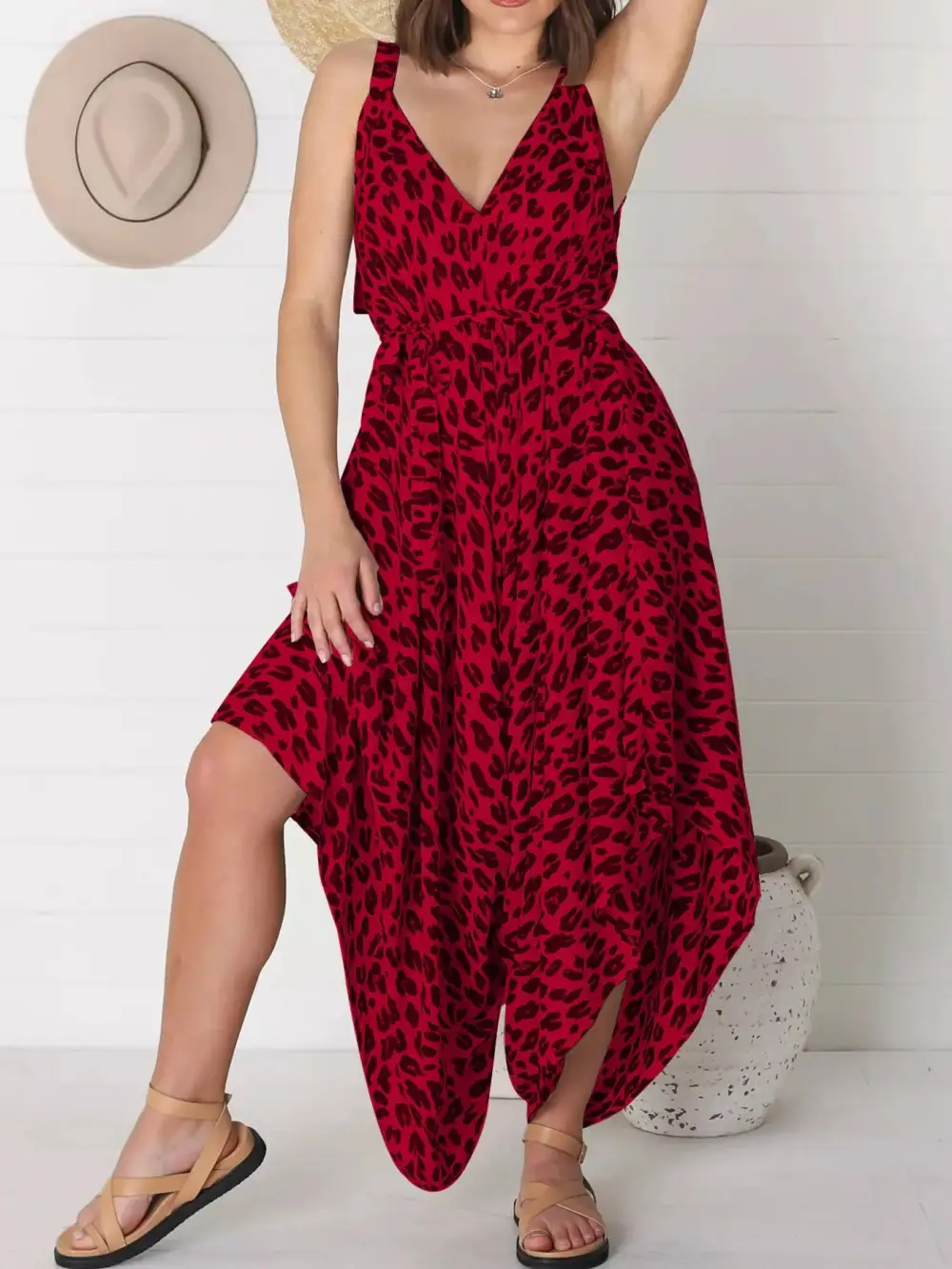 Plus Size Leopard Print V Neck Jumpsuit