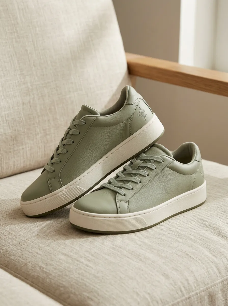 Women's Minimalist Sage Green Leaf Embroidered Printed Sneakers
