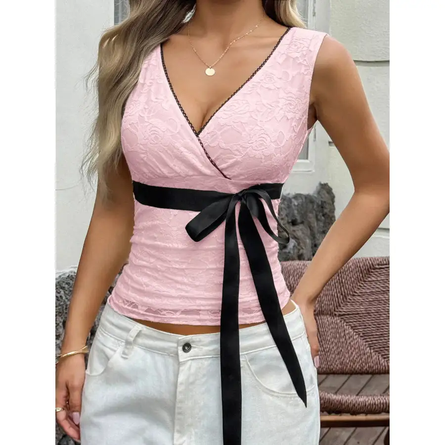 Lace Surplice Ribbon Tie Tank