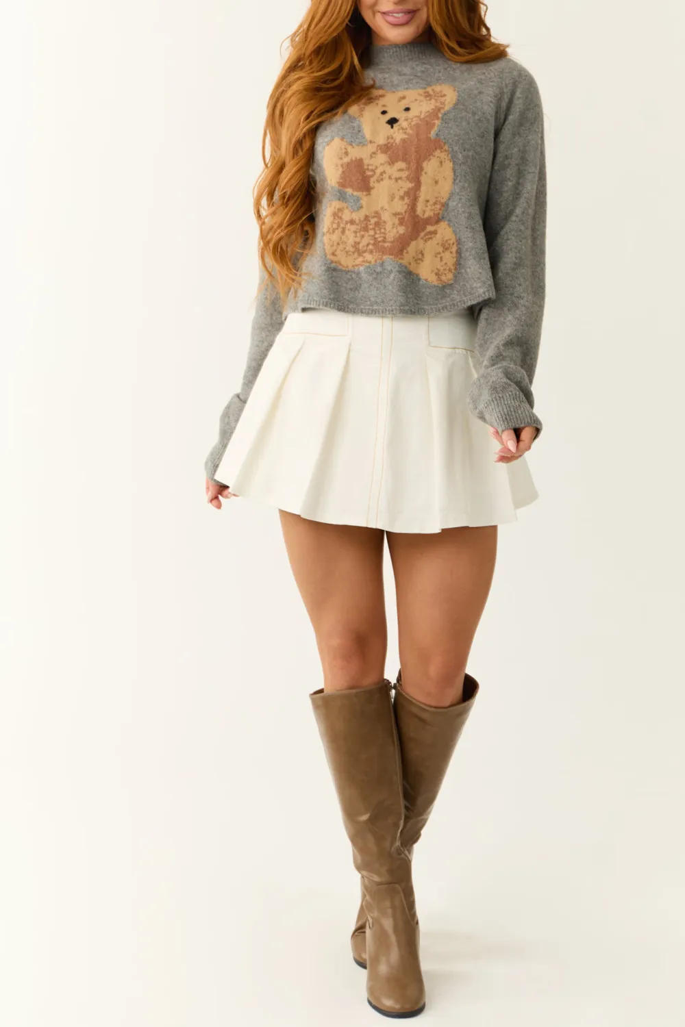 Steel Teddy Bear Graphic Semi Cropped Wool Sweater