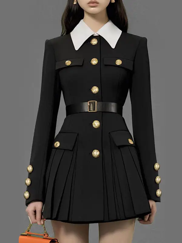 Elasticated Waist Long Sleeve Belted Buttoned Contrast Color Pleated Single Breasted