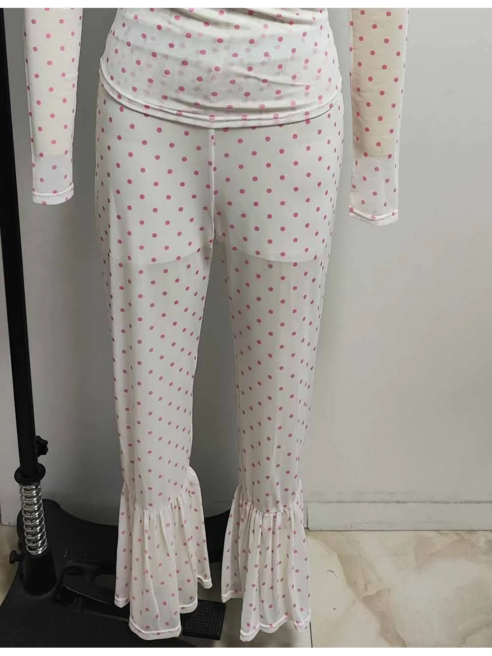 Polka Dot Sheer Mesh Elastic Waist Flared Leg Pants