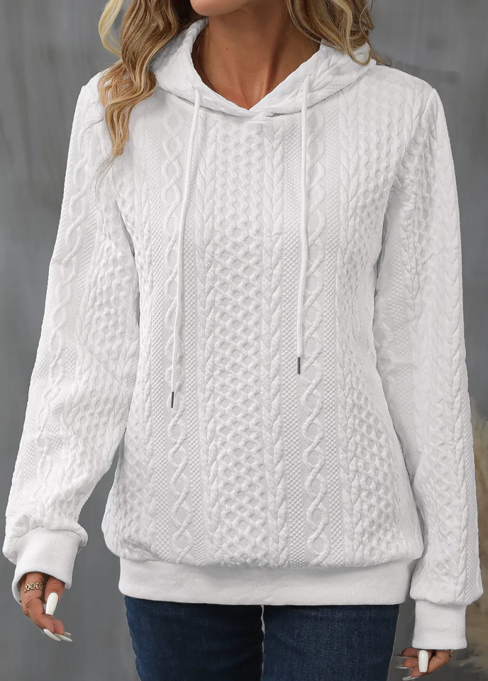 White Drawstring Detail Long Sleeve Hoodie