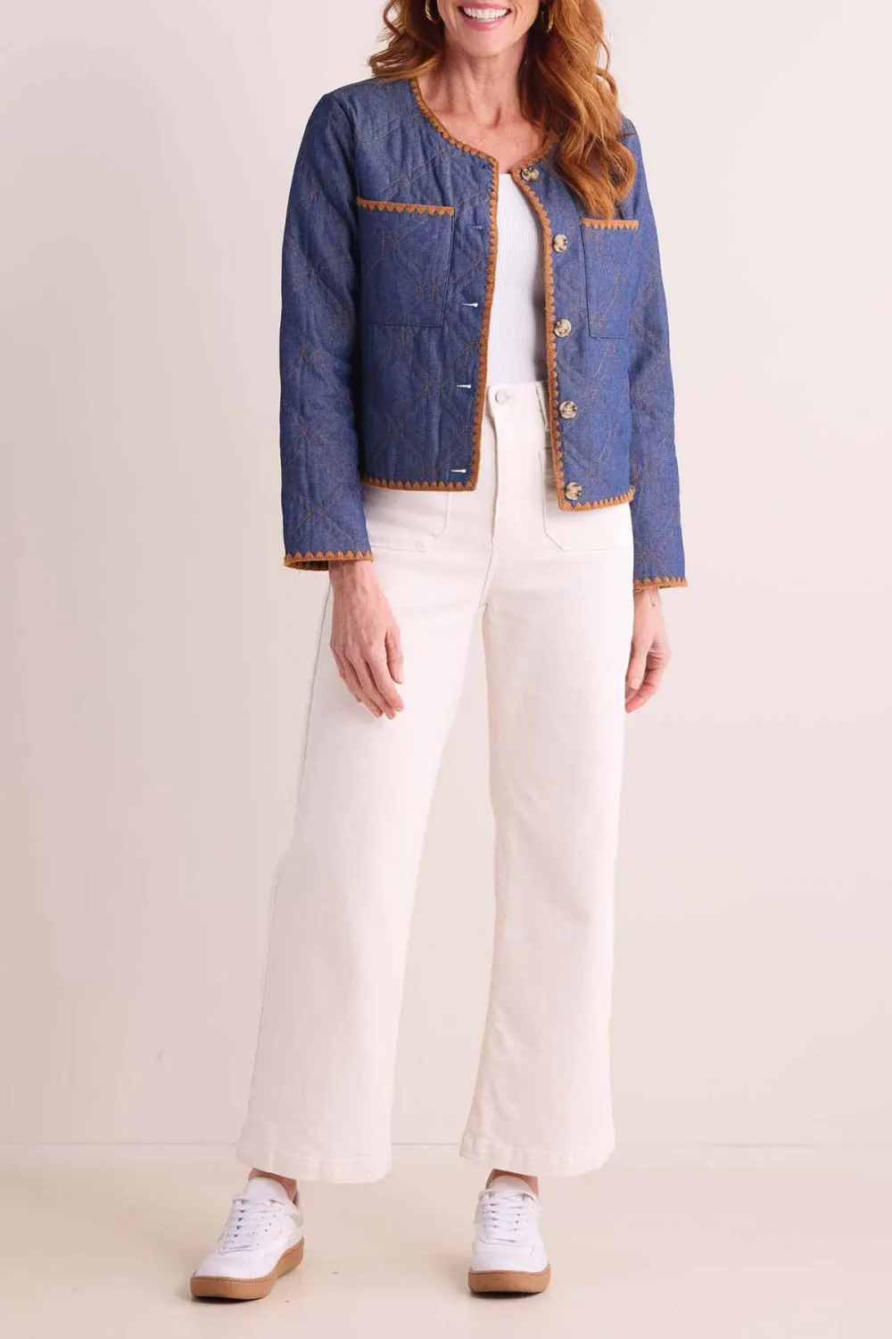 Blue Denim Contrast Stitch Quilted Cropped Jacket