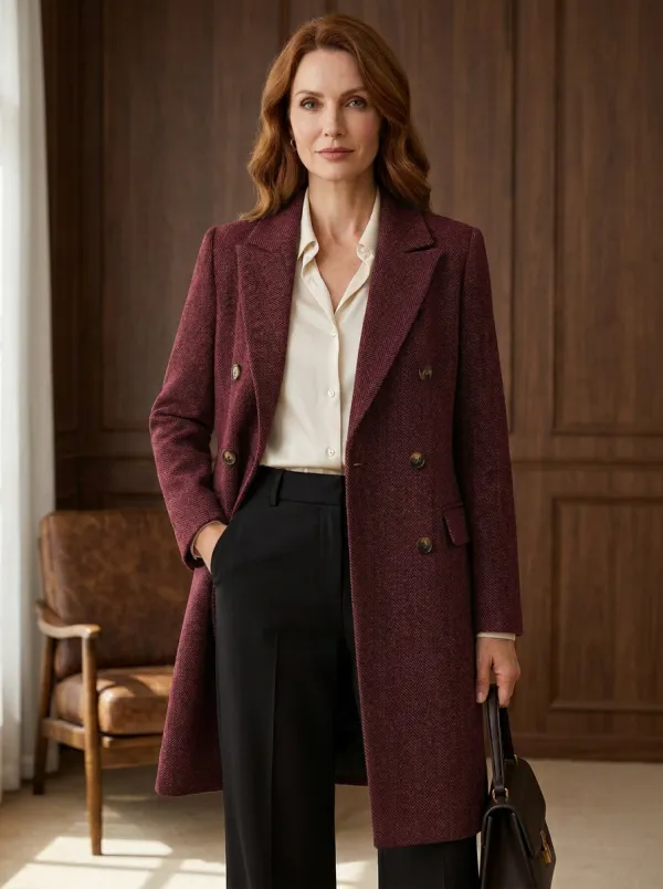 Women's Business Casual Grey Herringbone Pattern Printed Coat