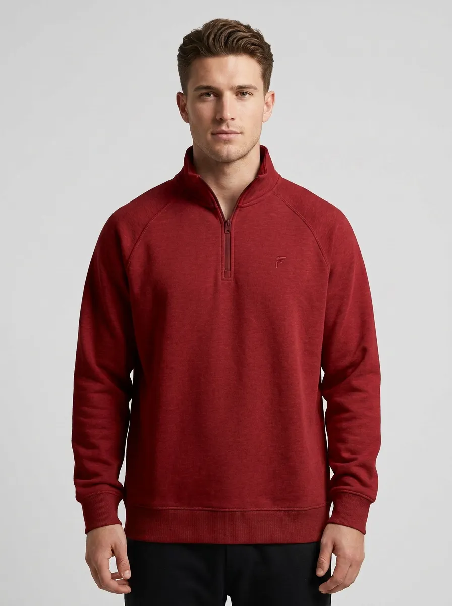 Men's Modern Minimalist Textured Raglan Embroidered Emblem Quarter-Zip Sweatshirt