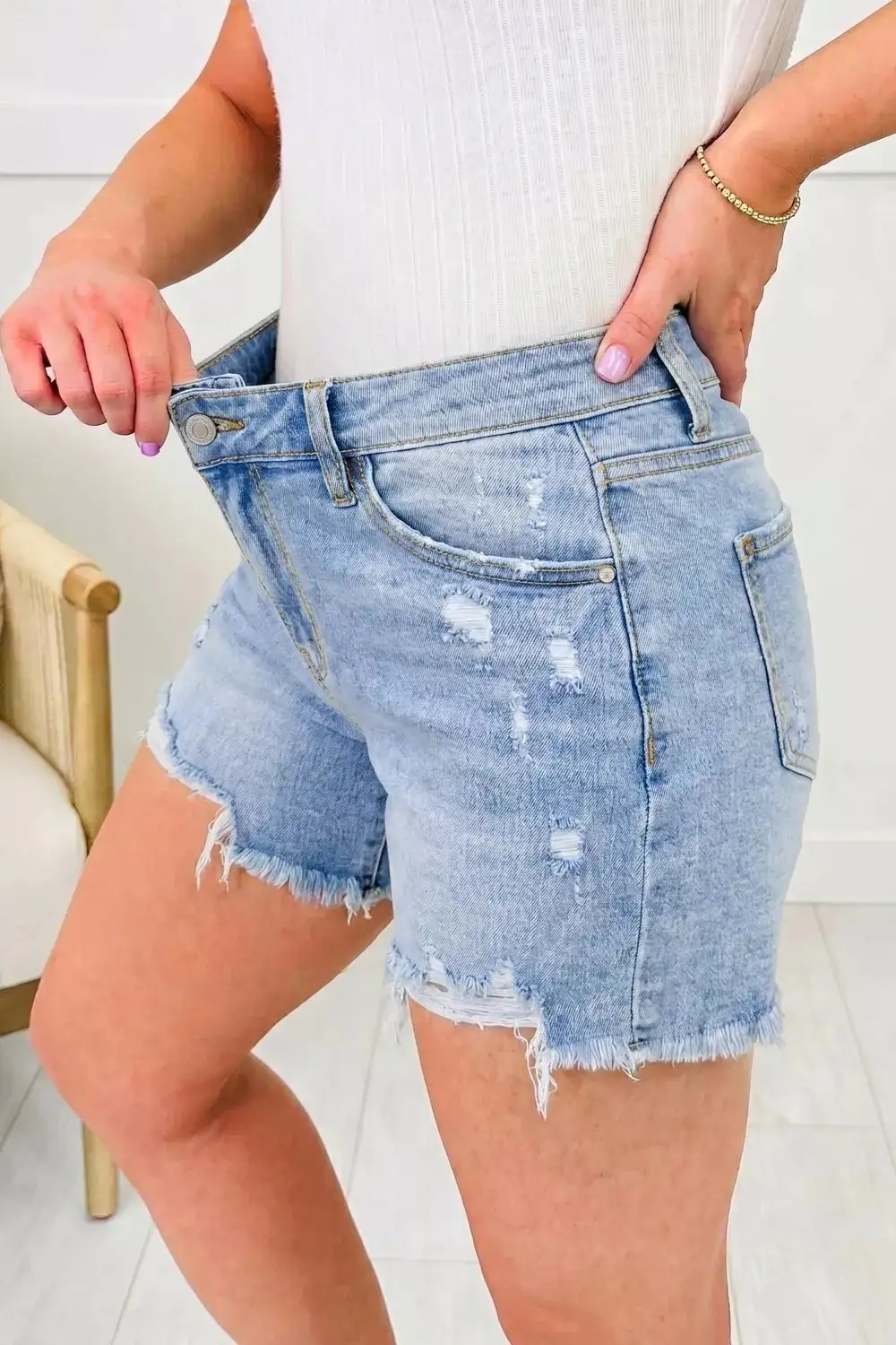 Asymmetric Raw Hem Distressed Whiskery Denim Shorts