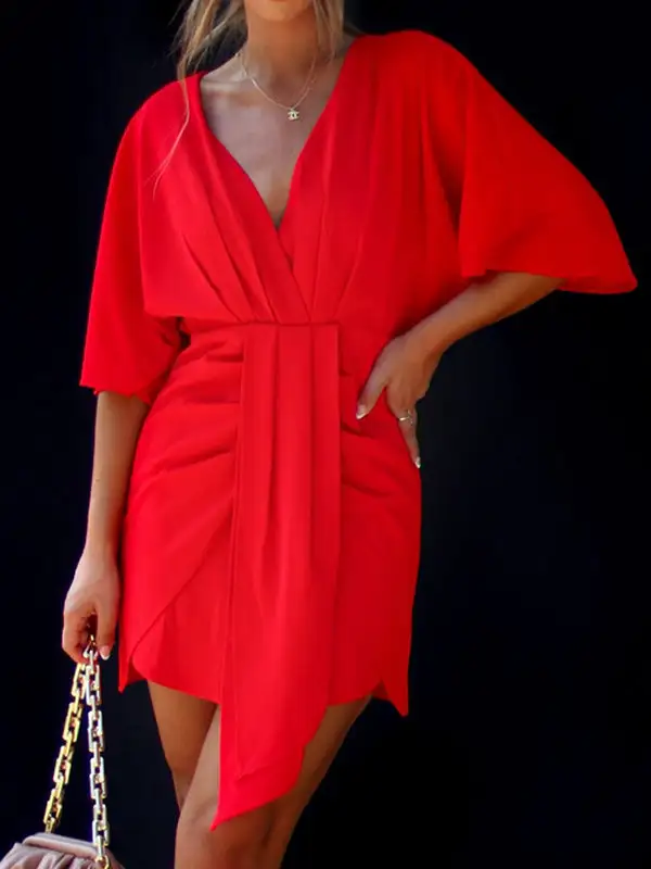 Batwing Sleeve Skinny Pleated Solid Color Split Joint V Neck Mini