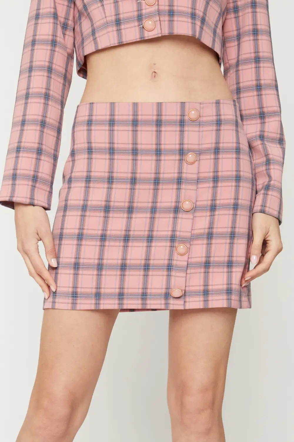 Button Detailed Plaid Mini Skirt