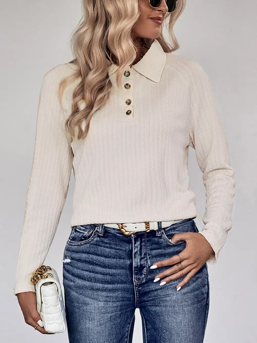 Draped Button Front V-Neck Blouse