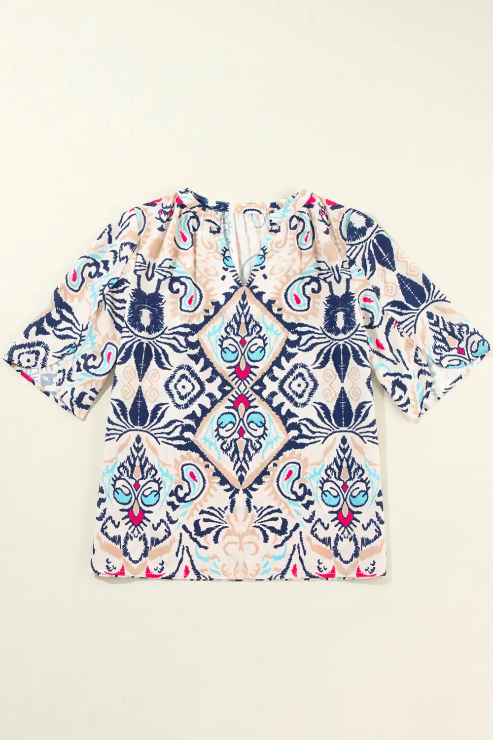 Abstract Notched V Neck Split Half Sleeve Blouse