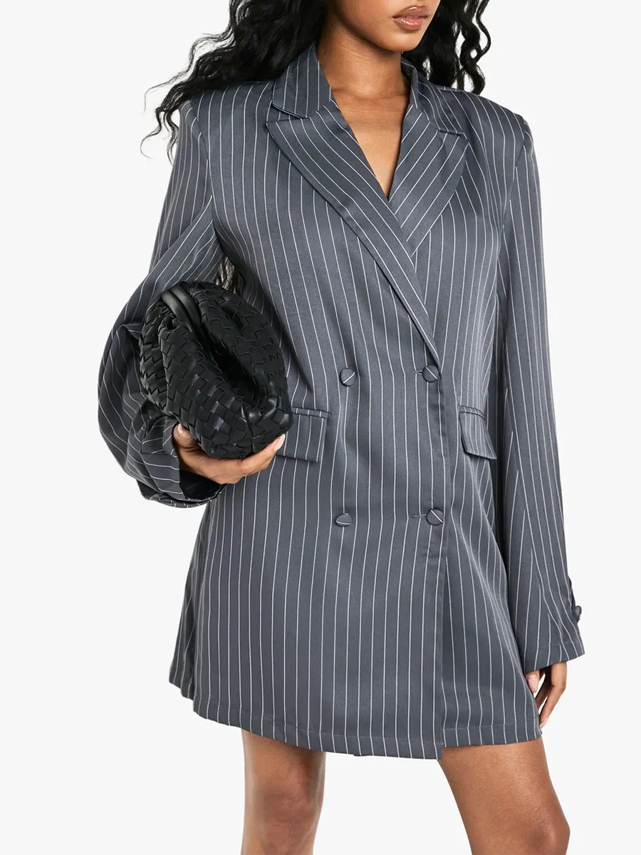 Grey Pinstripe Double Breasted Blazer Dress