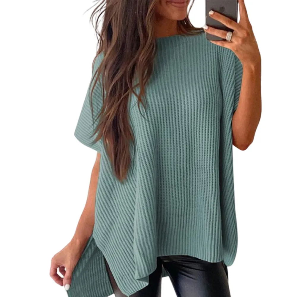 2025 Fall Clothing Women's Oversized Knit Top, Casual Crew Neck Drop Shoulder Loose Fit Short Sleeve Pullover Sweater with Side Slit