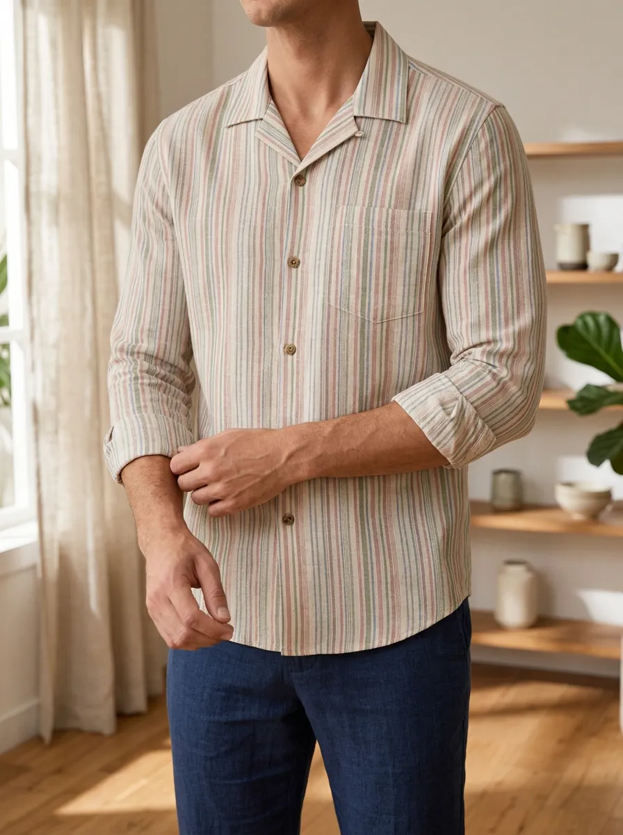Men's Multi-Stripe Chest Pocket Long Sleeve Camp Collar Slim Fit Shirt