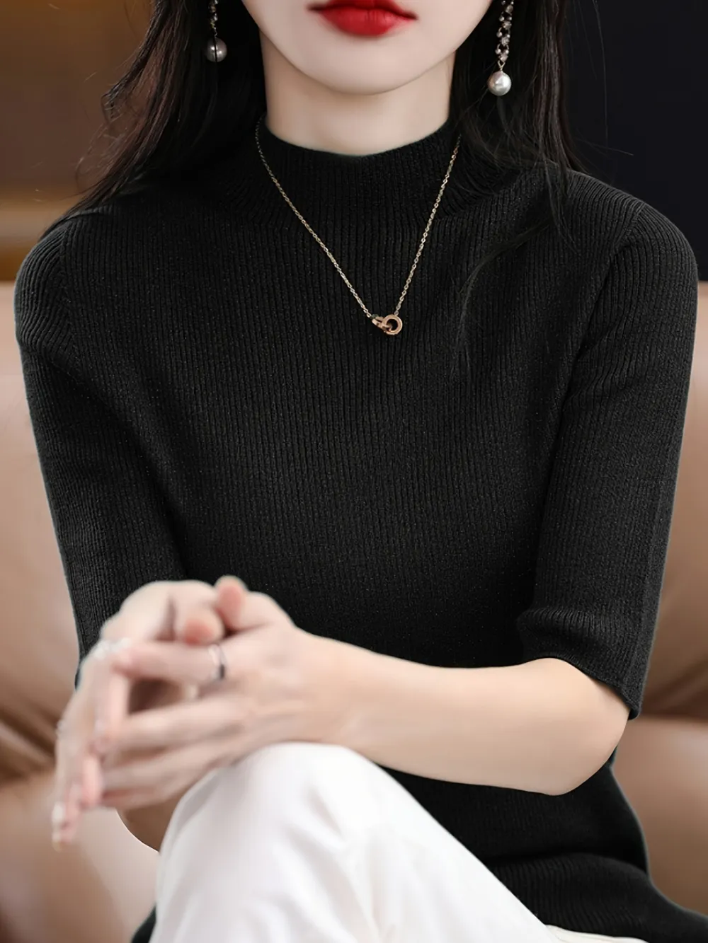 Mock Neck Knitted Top Casual Short Sleeve