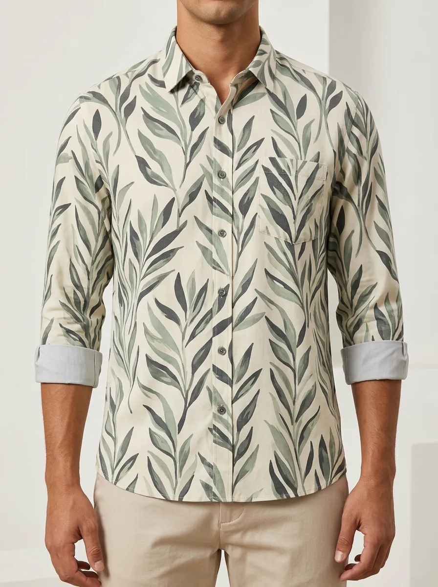Men's Botanical and Leaf Print Detail Button Shirt