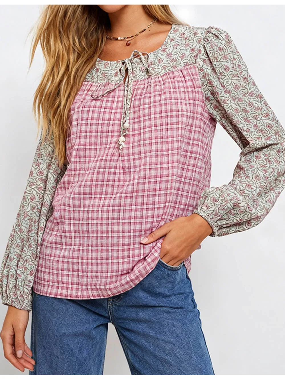 Boho Checked Front Long Sleeves Blouse
