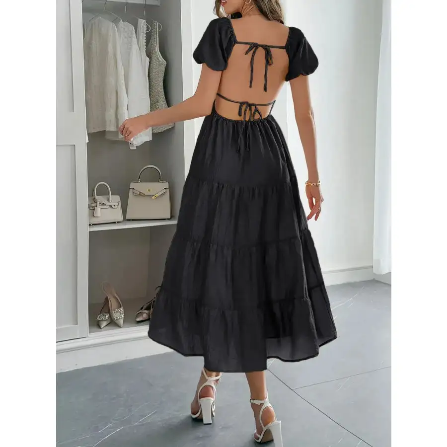 Backless Tiered Puff Sleeve Midi Dress