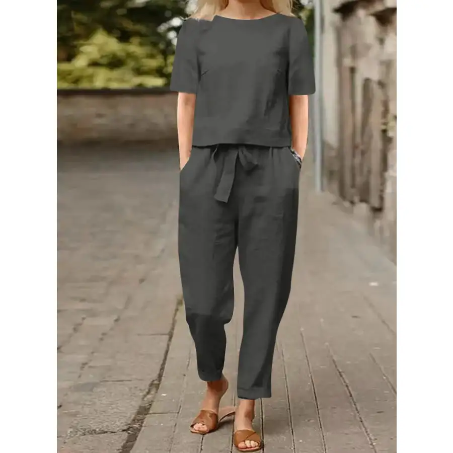 Relaxed Round Neck Short Sleeve Top and Pants Set