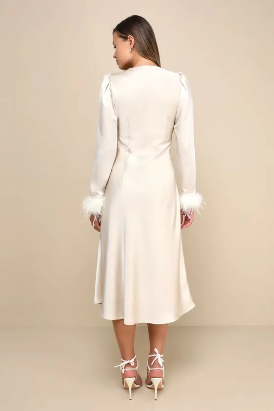 Precious Aura Champagne Satin Feather Long Sleeve Midi Dress