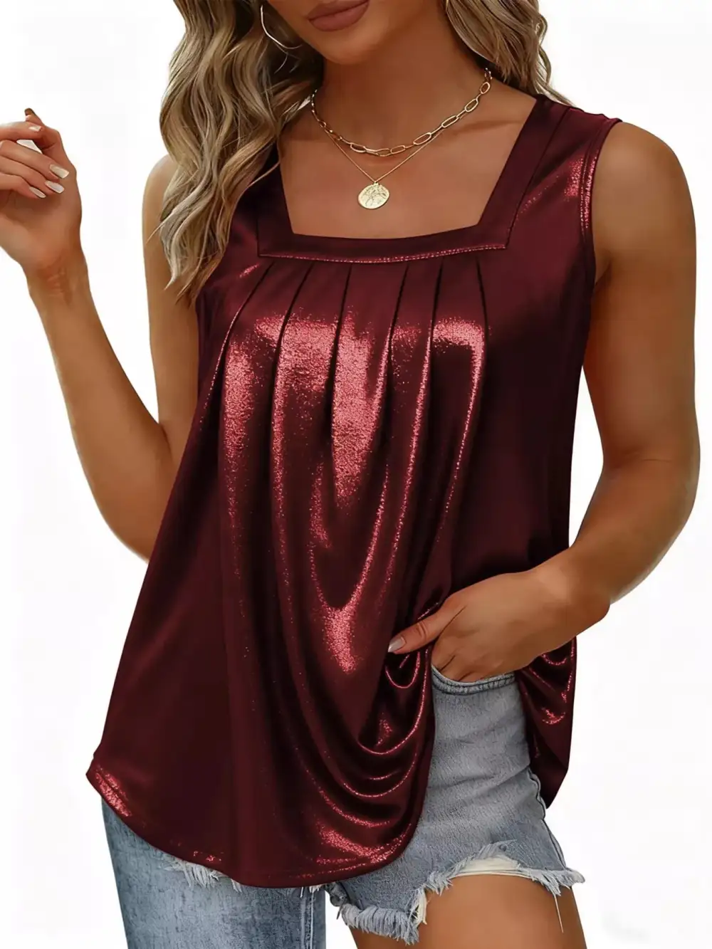 Full Size Pleated Square Neck Tank Plus